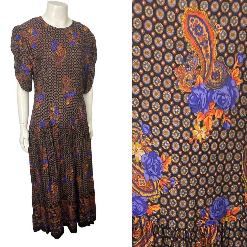 1990s Purple Rose Paisley Print Drop Waist Maxi Day Dress / Women’s Medium *